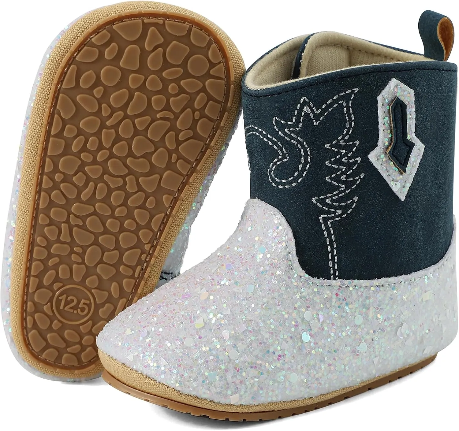 ESTAMICO Baby Girls Embroidery Western Cowgirl Boots Infant Sequin Leather Cowboy Booties Round Toe Ankle High Hook and Loop Shoes