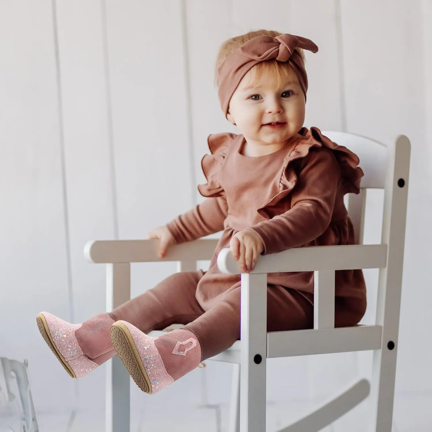 ESTAMICO Baby Girls Embroidery Western Cowgirl Boots Infant Sequin Leather Cowboy Booties Round Toe Ankle High Hook and Loop Shoes
