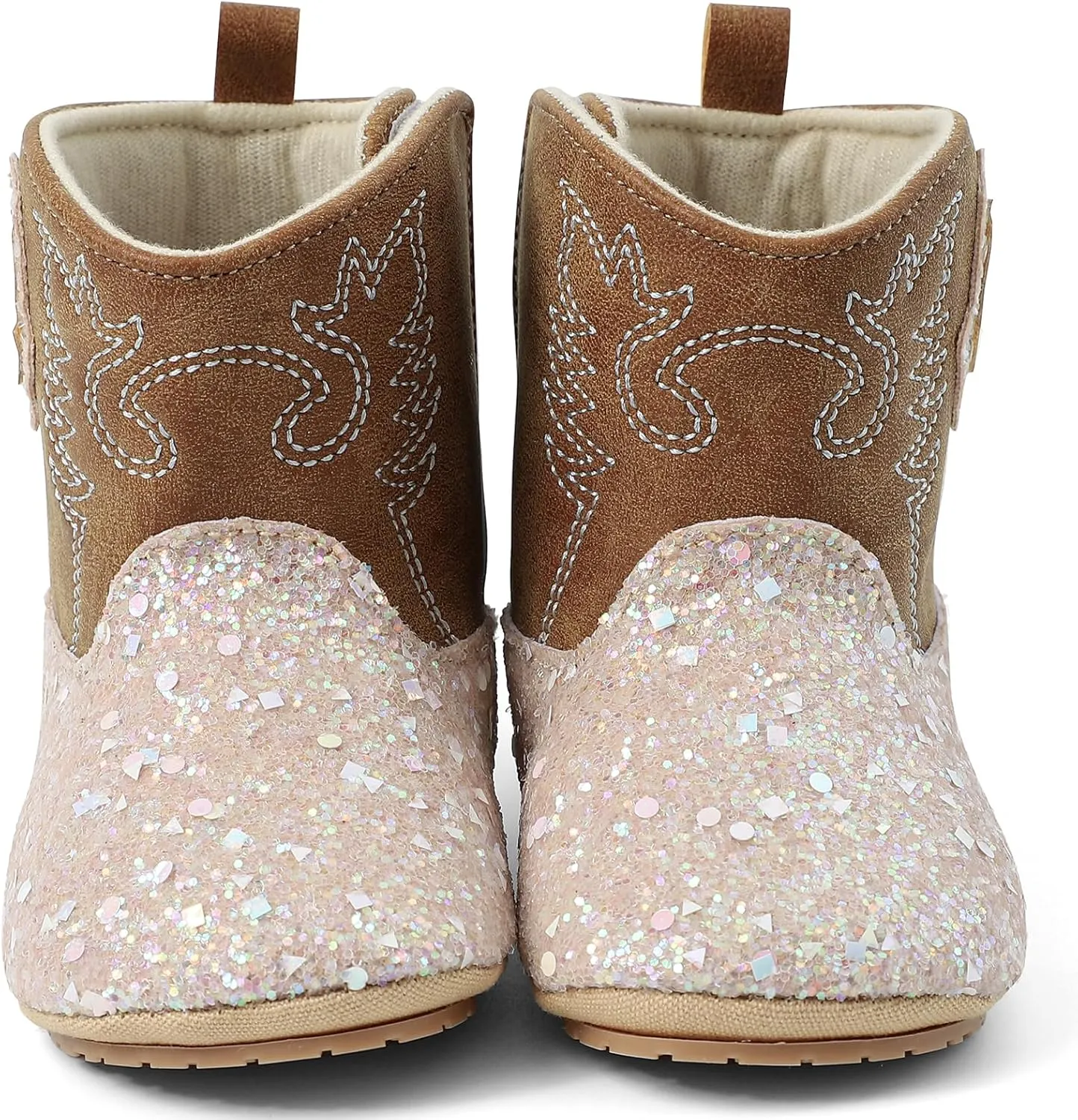 ESTAMICO Baby Girls Embroidery Western Cowgirl Boots Infant Sequin Leather Cowboy Booties Round Toe Ankle High Hook and Loop Shoes