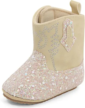 ESTAMICO Baby Girls Embroidery Western Cowgirl Boots Infant Sequin Leather Cowboy Booties Round Toe Ankle High Hook and Loop Shoes