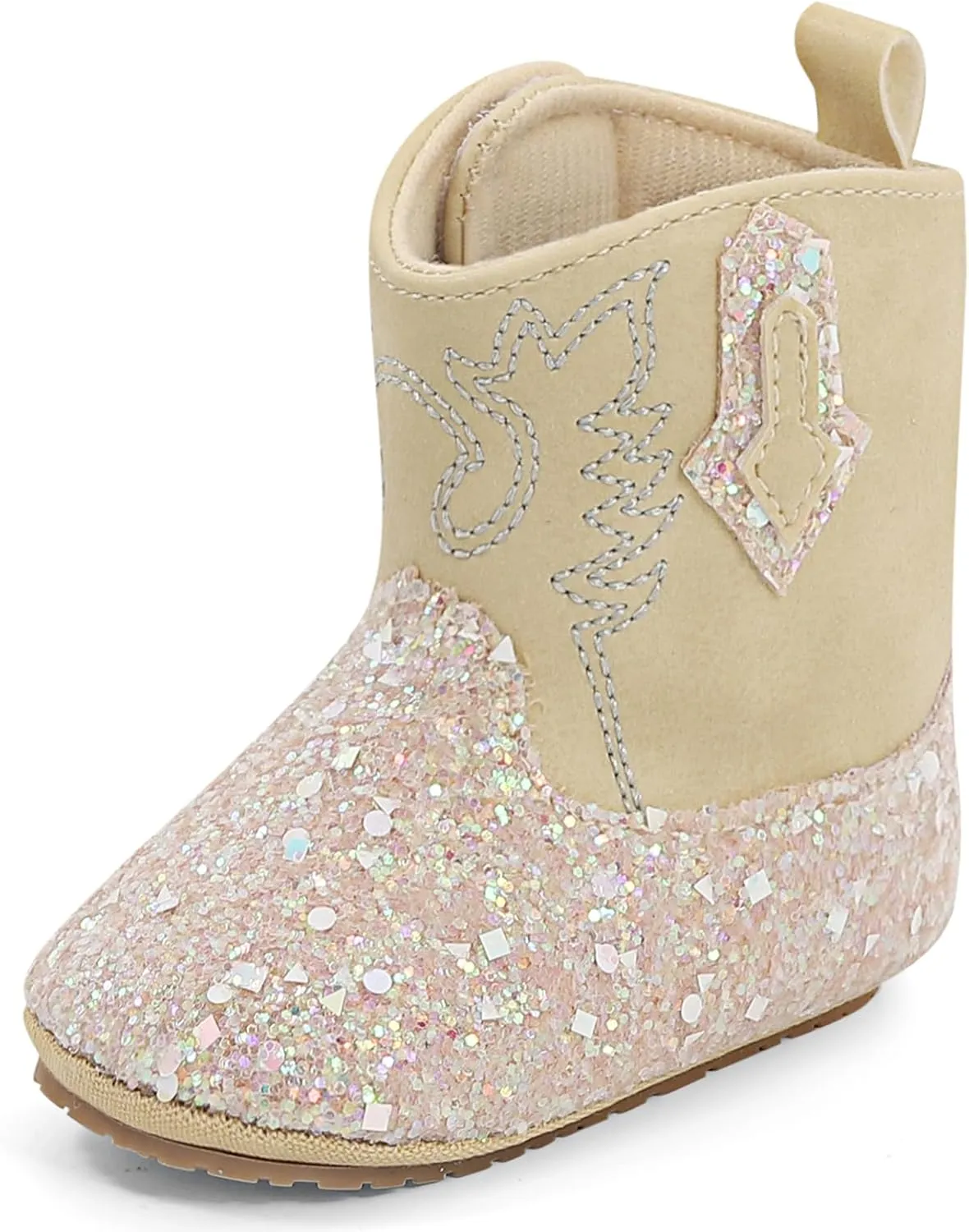 ESTAMICO Baby Girls Embroidery Western Cowgirl Boots Infant Sequin Leather Cowboy Booties Round Toe Ankle High Hook and Loop Shoes