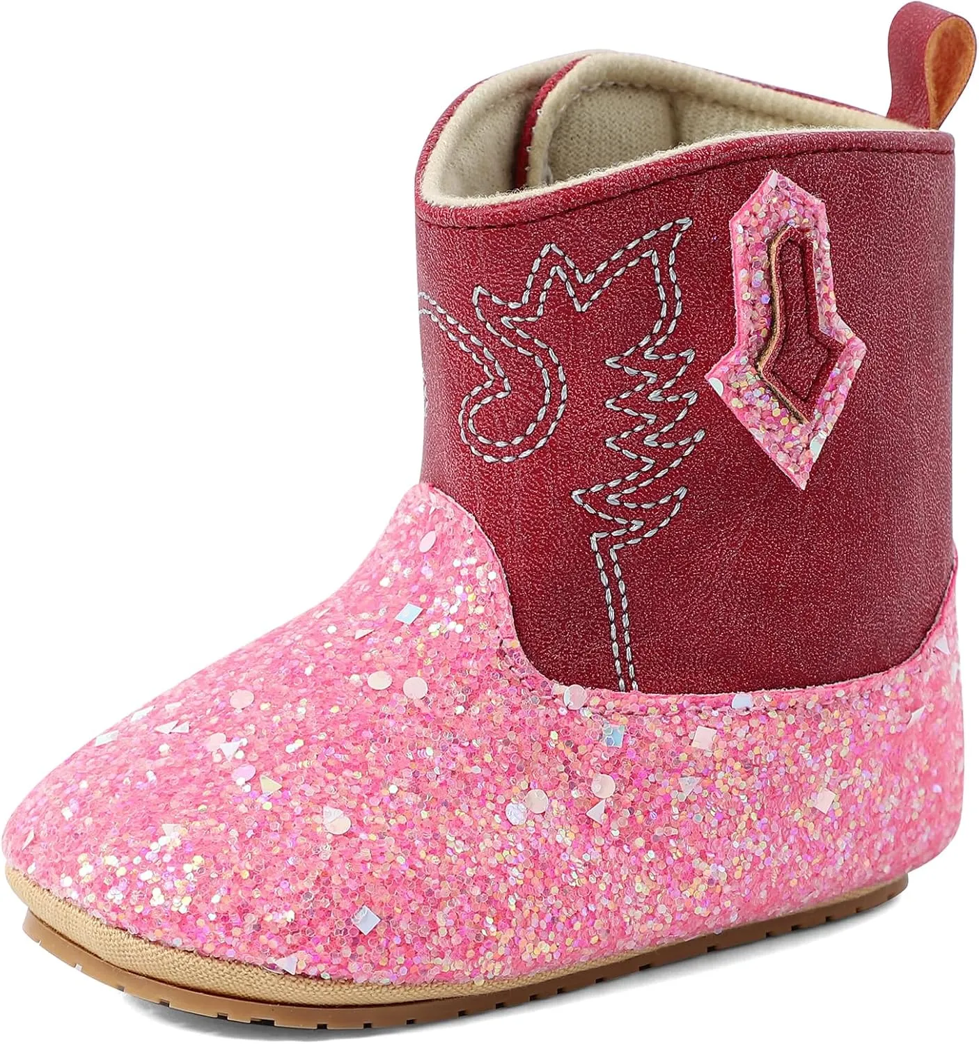 ESTAMICO Baby Girls Embroidery Western Cowgirl Boots Infant Sequin Leather Cowboy Booties Round Toe Ankle High Hook and Loop Shoes