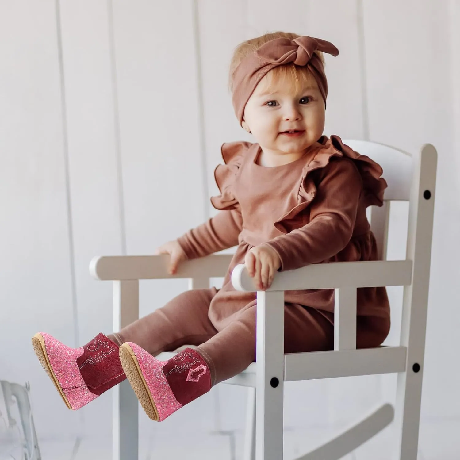 ESTAMICO Baby Girls Embroidery Western Cowgirl Boots Infant Sequin Leather Cowboy Booties Round Toe Ankle High Hook and Loop Shoes