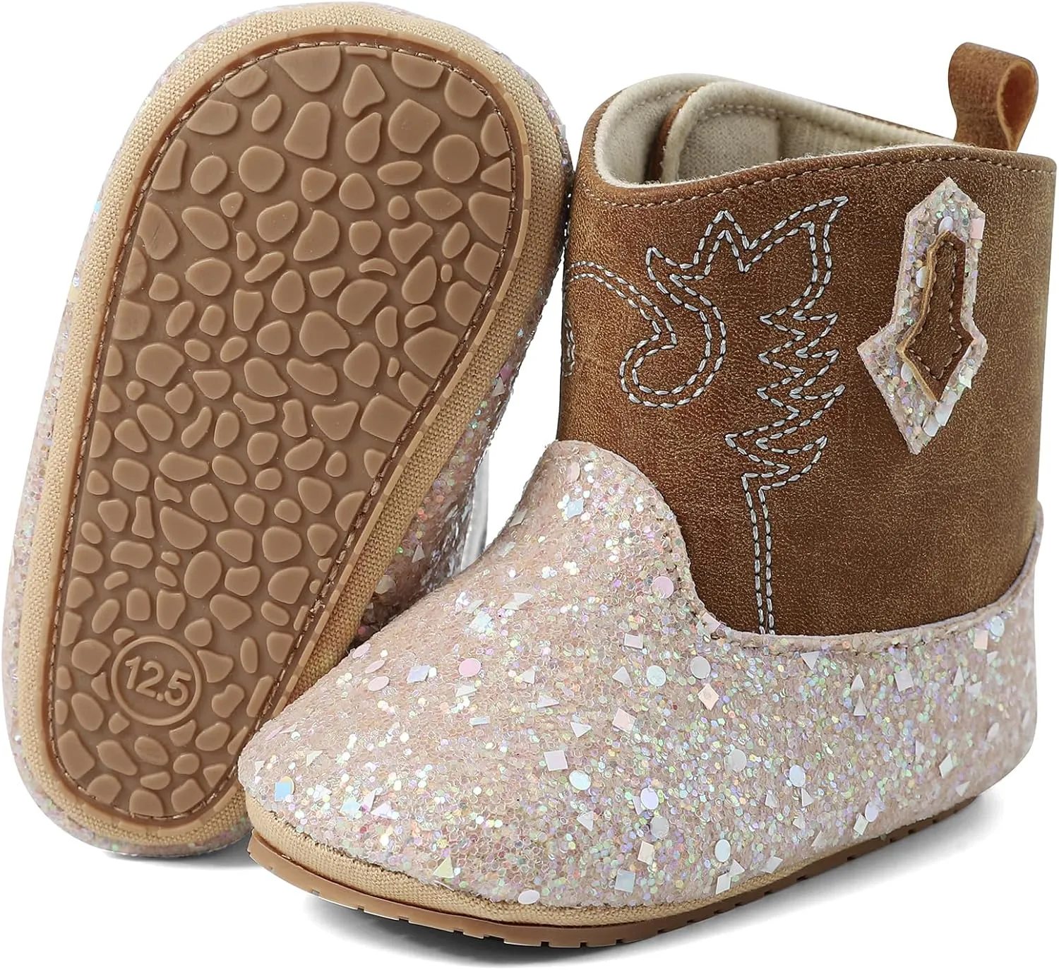 ESTAMICO Baby Girls Embroidery Western Cowgirl Boots Infant Sequin Leather Cowboy Booties Round Toe Ankle High Hook and Loop Shoes