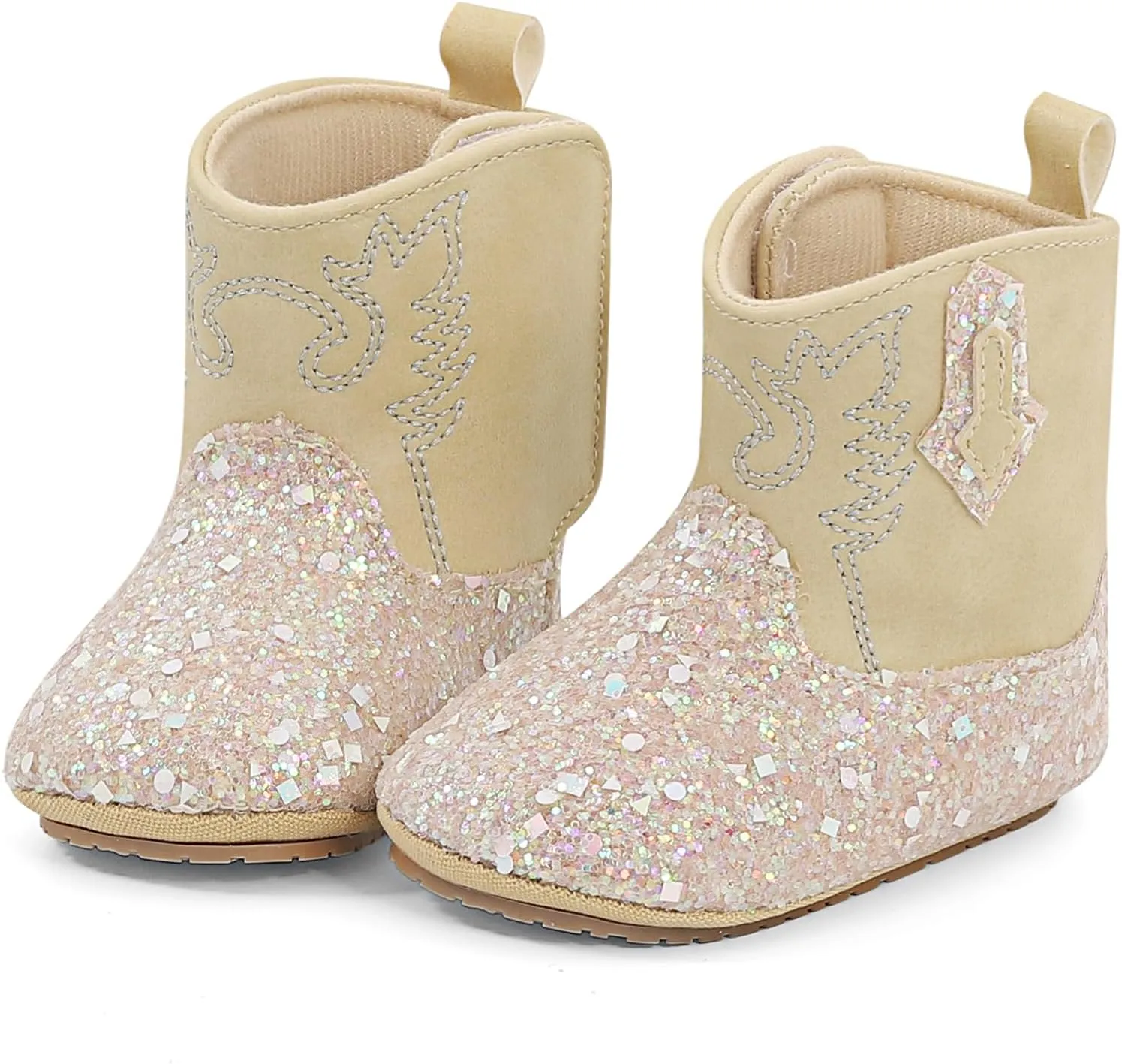 ESTAMICO Baby Girls Embroidery Western Cowgirl Boots Infant Sequin Leather Cowboy Booties Round Toe Ankle High Hook and Loop Shoes