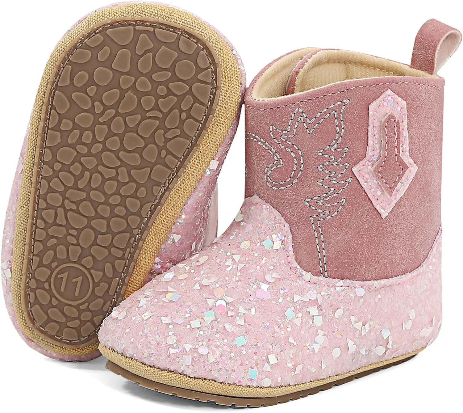 ESTAMICO Baby Girls Embroidery Western Cowgirl Boots Infant Sequin Leather Cowboy Booties Round Toe Ankle High Hook and Loop Shoes