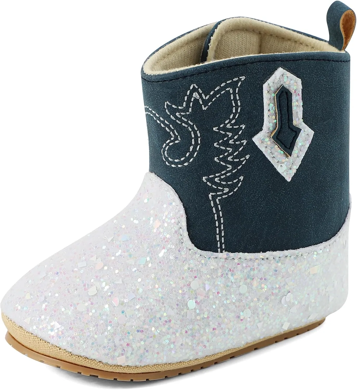 ESTAMICO Baby Girls Embroidery Western Cowgirl Boots Infant Sequin Leather Cowboy Booties Round Toe Ankle High Hook and Loop Shoes