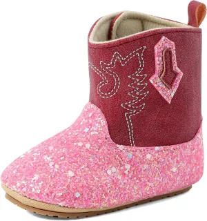 ESTAMICO Baby Girls Embroidery Western Cowgirl Boots Infant Sequin Leather Cowboy Booties Round Toe Ankle High Hook and Loop Shoes