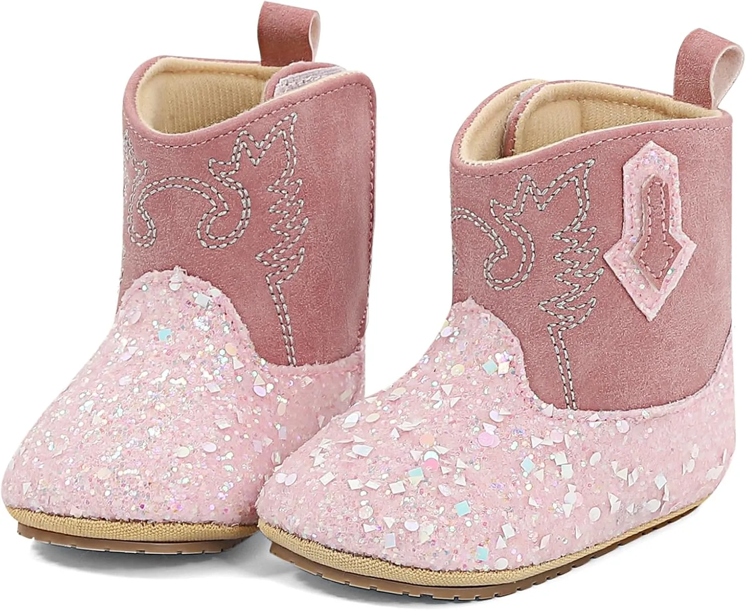 ESTAMICO Baby Girls Embroidery Western Cowgirl Boots Infant Sequin Leather Cowboy Booties Round Toe Ankle High Hook and Loop Shoes