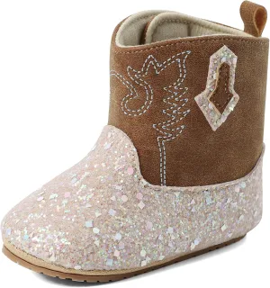 ESTAMICO Baby Girls Embroidery Western Cowgirl Boots Infant Sequin Leather Cowboy Booties Round Toe Ankle High Hook and Loop Shoes