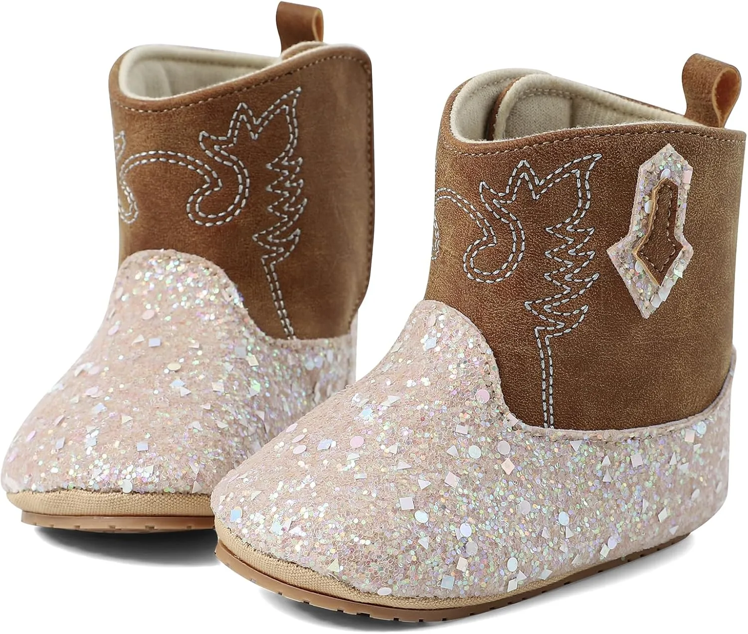 ESTAMICO Baby Girls Embroidery Western Cowgirl Boots Infant Sequin Leather Cowboy Booties Round Toe Ankle High Hook and Loop Shoes