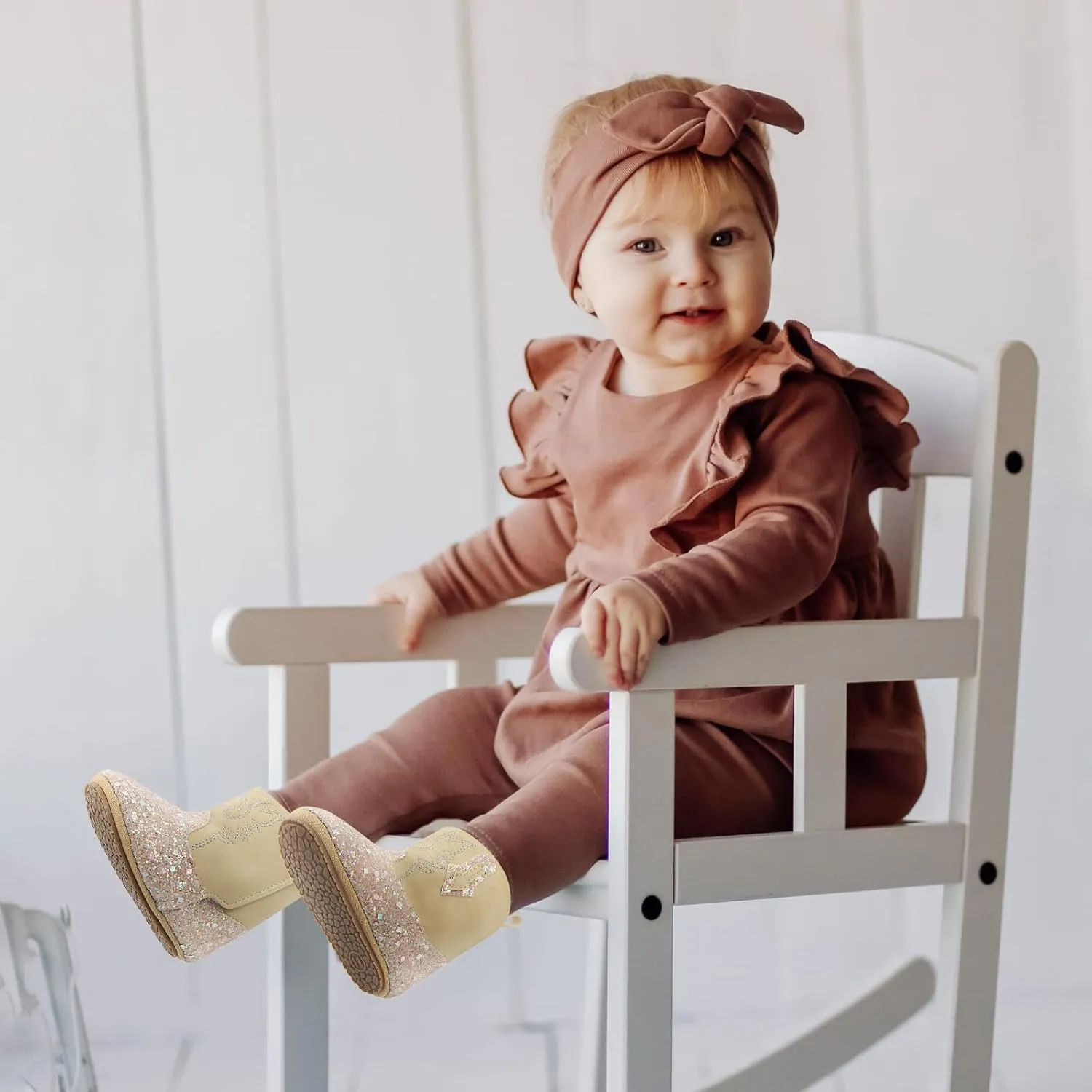 ESTAMICO Baby Girls Embroidery Western Cowgirl Boots Infant Sequin Leather Cowboy Booties Round Toe Ankle High Hook and Loop Shoes