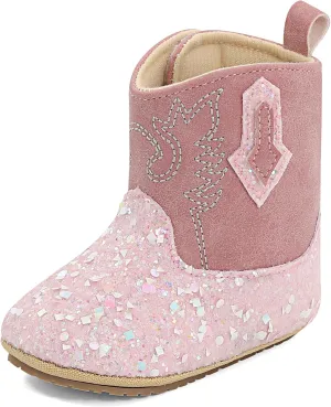 ESTAMICO Baby Girls Embroidery Western Cowgirl Boots Infant Sequin Leather Cowboy Booties Round Toe Ankle High Hook and Loop Shoes