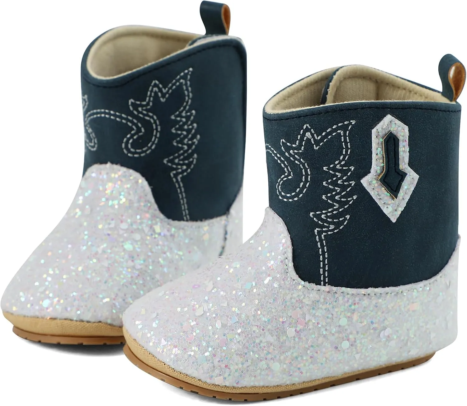 ESTAMICO Baby Girls Embroidery Western Cowgirl Boots Infant Sequin Leather Cowboy Booties Round Toe Ankle High Hook and Loop Shoes