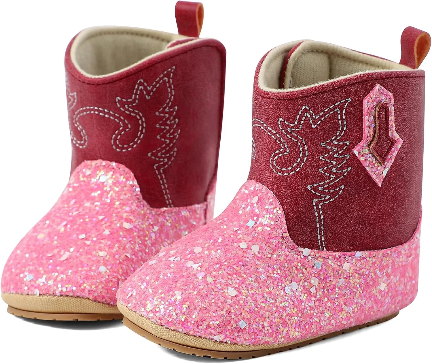 ESTAMICO Baby Girls Embroidery Western Cowgirl Boots Infant Sequin Leather Cowboy Booties Round Toe Ankle High Hook and Loop Shoes