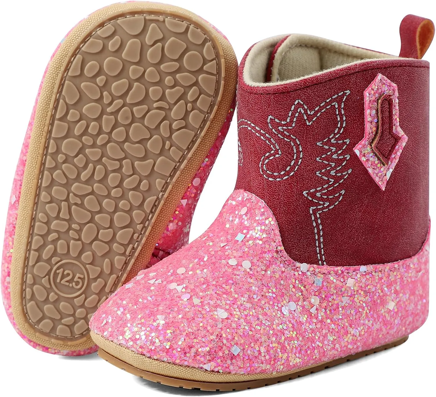 ESTAMICO Baby Girls Embroidery Western Cowgirl Boots Infant Sequin Leather Cowboy Booties Round Toe Ankle High Hook and Loop Shoes