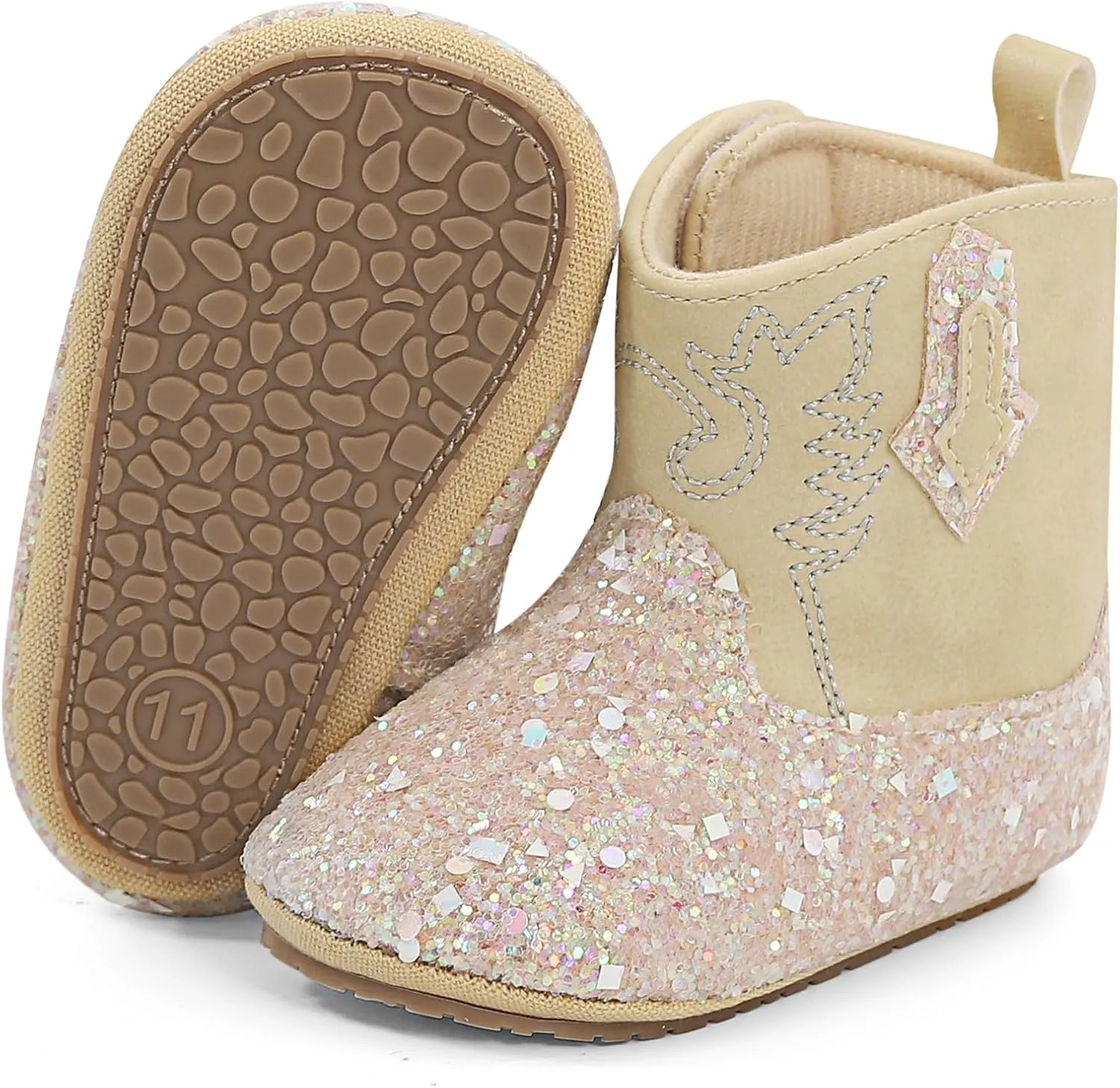 ESTAMICO Baby Girls Embroidery Western Cowgirl Boots Infant Sequin Leather Cowboy Booties Round Toe Ankle High Hook and Loop Shoes