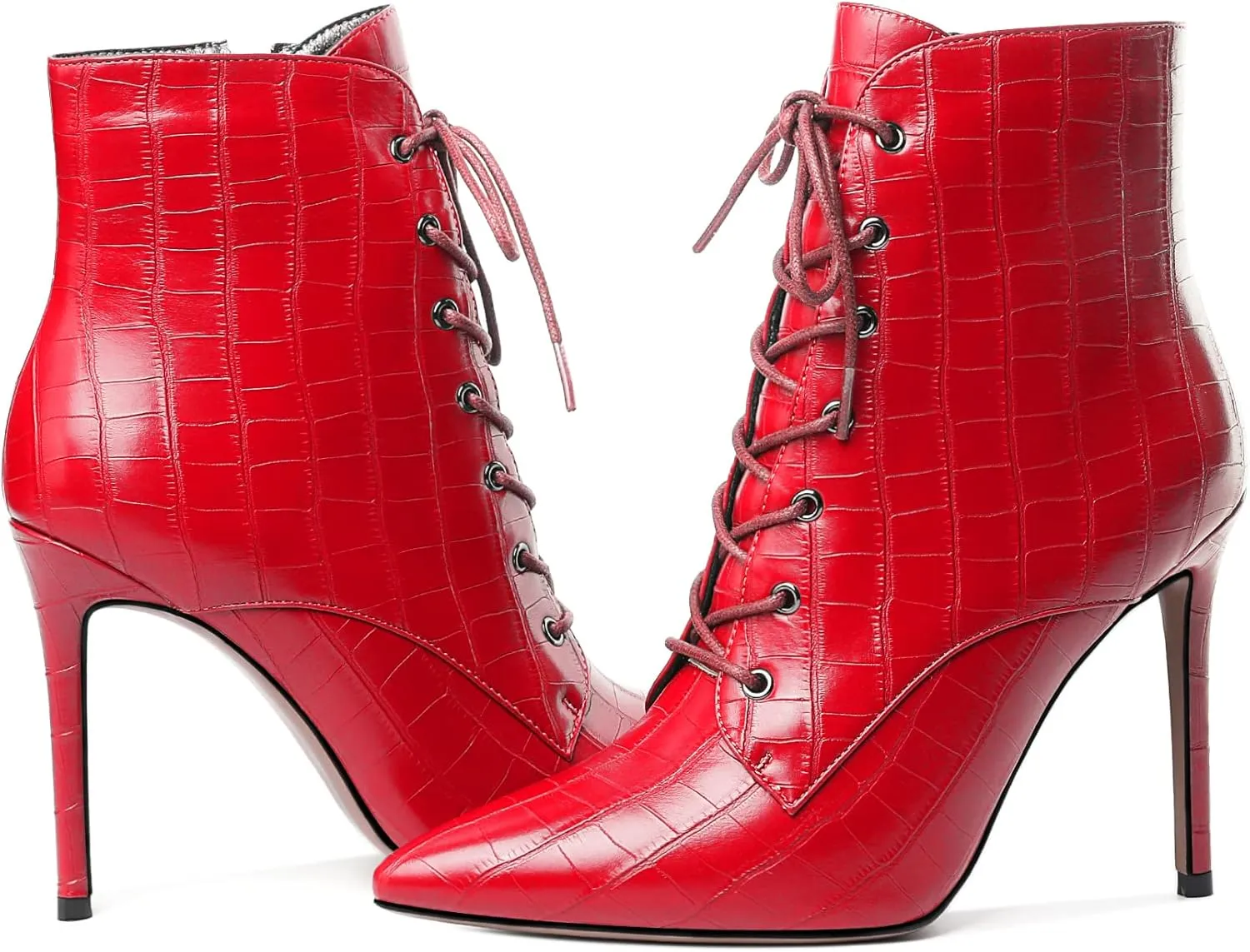 Esvowido Women's Ankle Boots Pointed Toe Stiletto High Heel Boots Side Zipper Booties Lace Up Boots Party Dressy Shoes 4 Inch