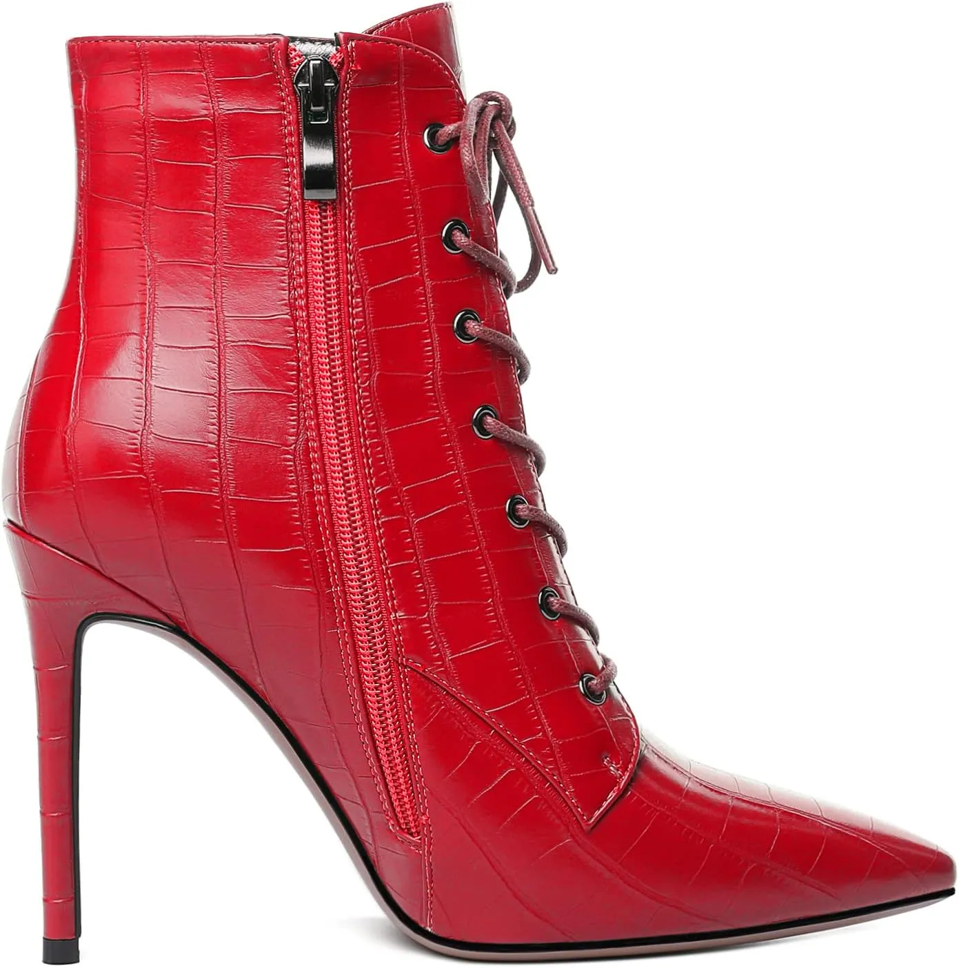 Esvowido Women's Ankle Boots Pointed Toe Stiletto High Heel Boots Side Zipper Booties Lace Up Boots Party Dressy Shoes 4 Inch