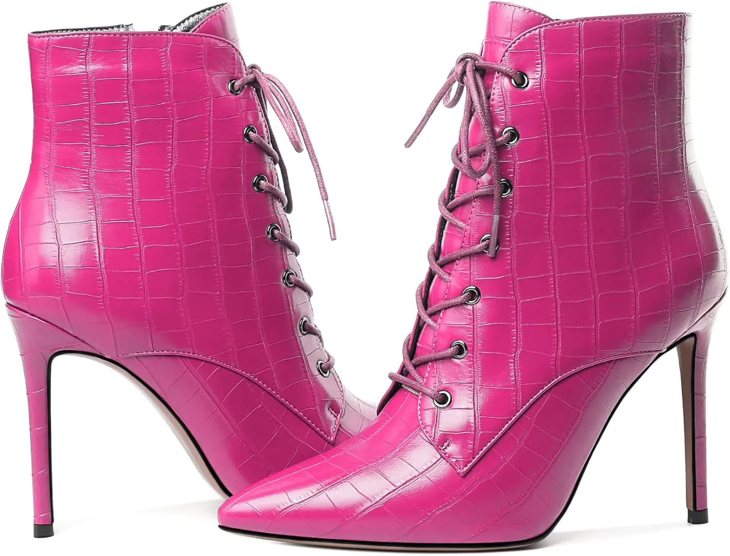 Esvowido Women's Ankle Boots Pointed Toe Stiletto High Heel Boots Side Zipper Booties Lace Up Boots Party Dressy Shoes 4 Inch