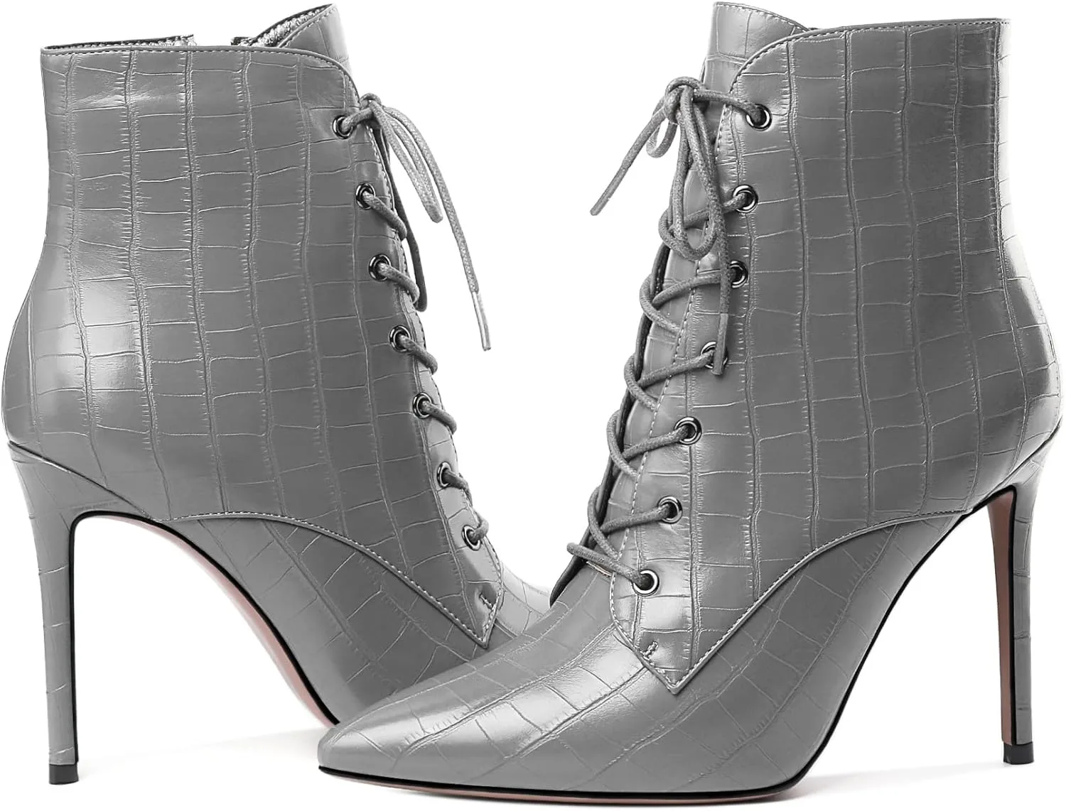 Esvowido Women's Ankle Boots Pointed Toe Stiletto High Heel Boots Side Zipper Booties Lace Up Boots Party Dressy Shoes 4 Inch