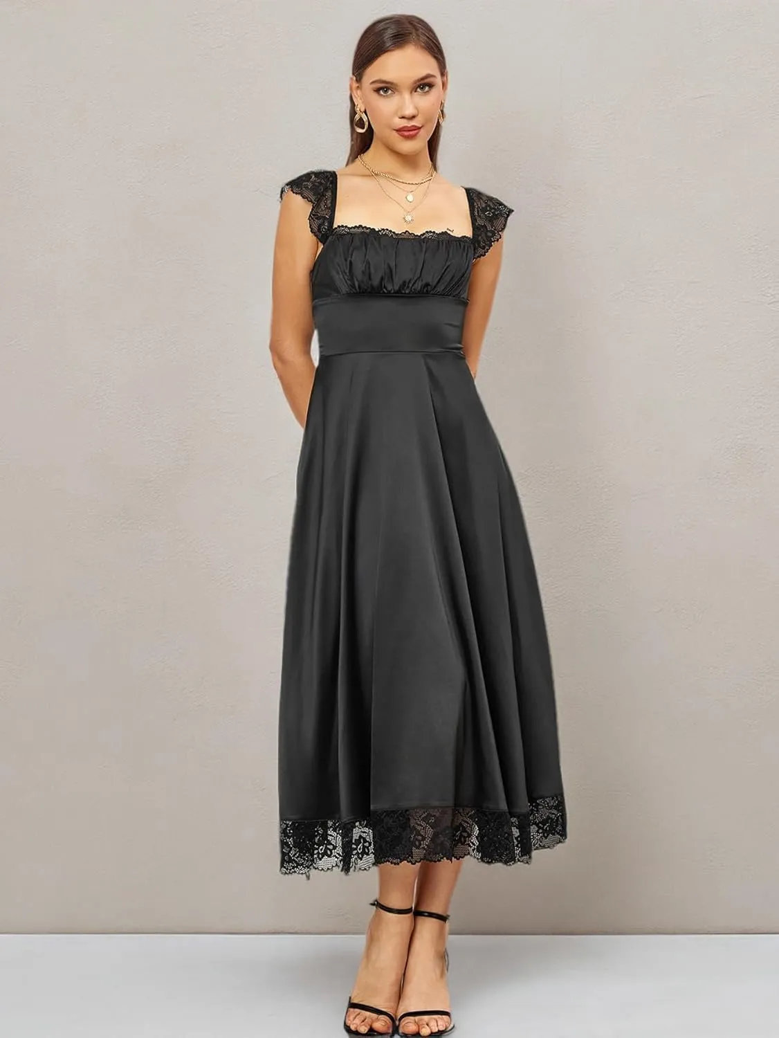EYNMIN Lace Strap Chiffon Dresses for Women Casaul Flowy A Line Midi Tea Party Dress