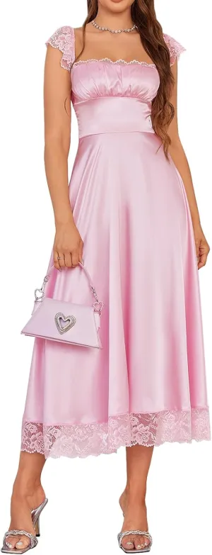 EYNMIN Lace Strap Chiffon Dresses for Women Casaul Flowy A Line Midi Tea Party Dress
