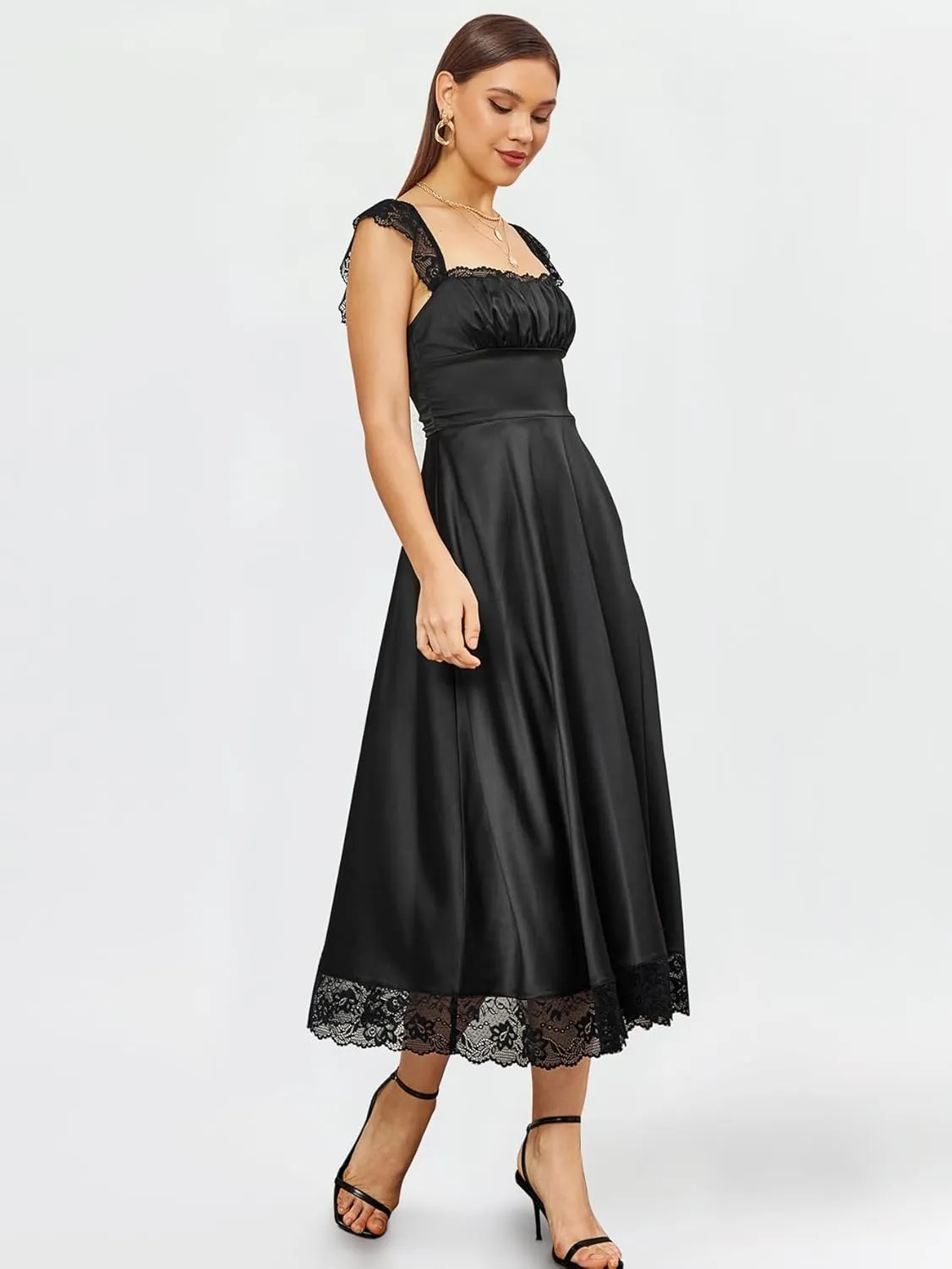 EYNMIN Lace Strap Chiffon Dresses for Women Casaul Flowy A Line Midi Tea Party Dress