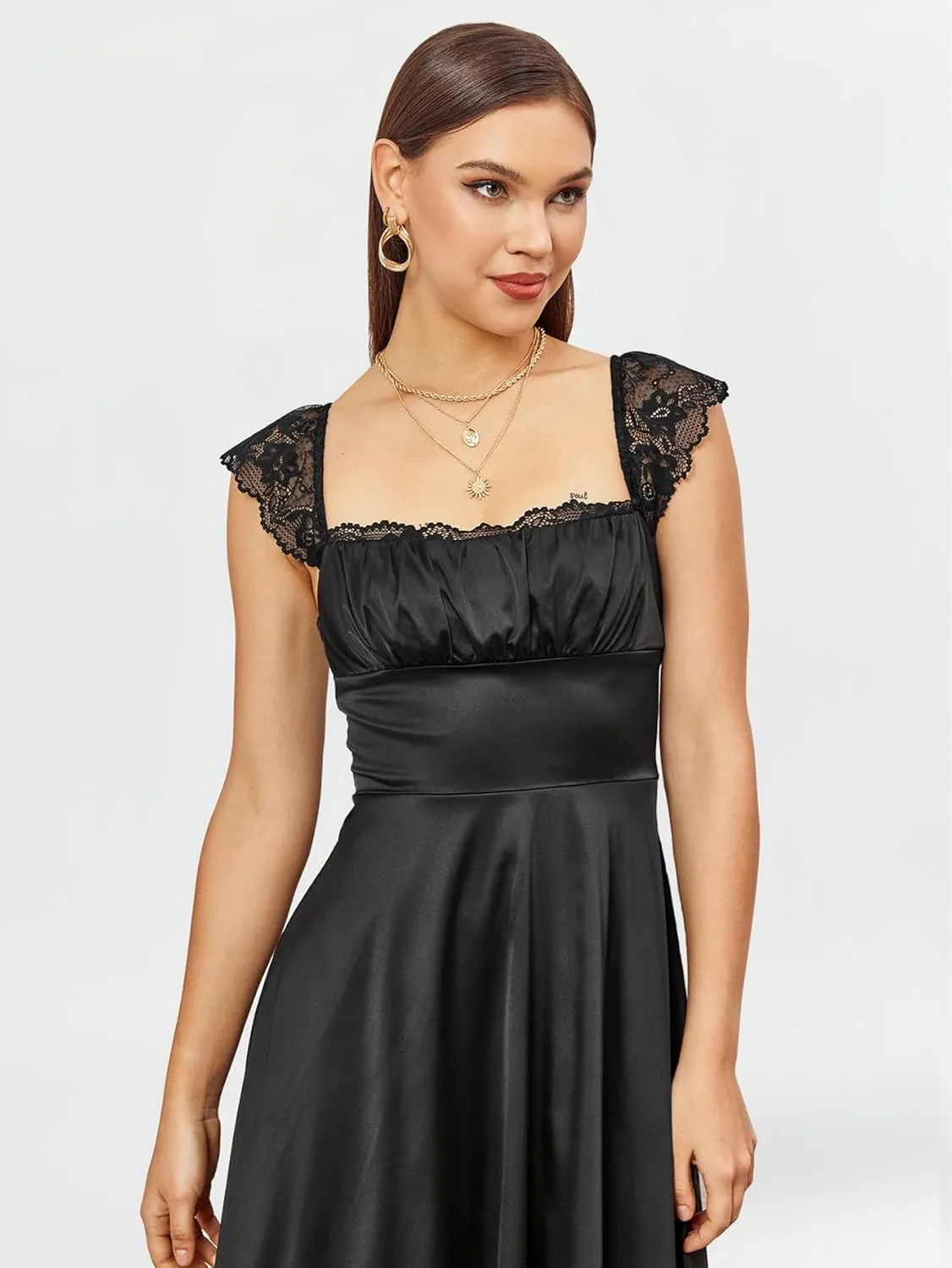 EYNMIN Lace Strap Chiffon Dresses for Women Casaul Flowy A Line Midi Tea Party Dress