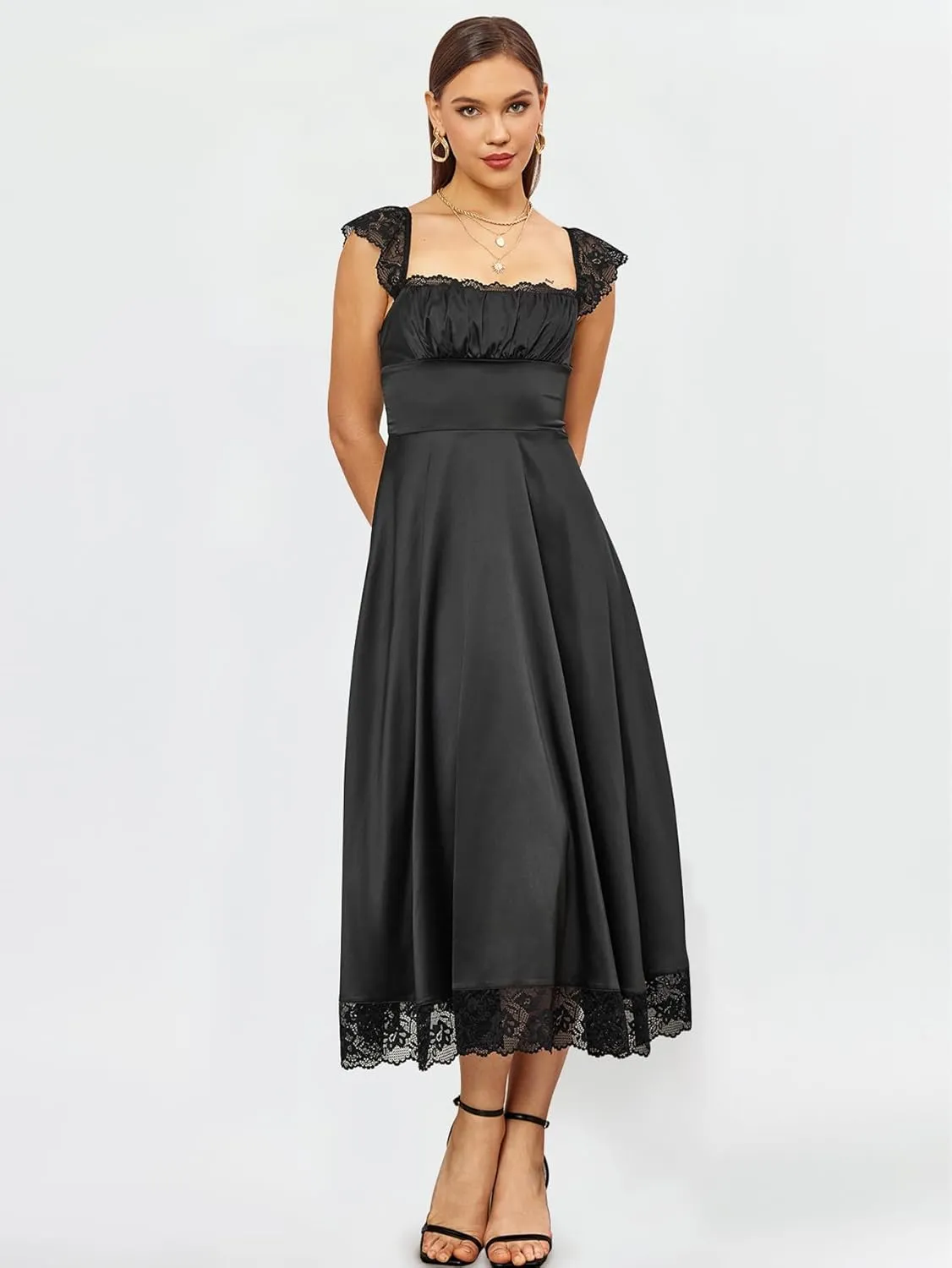 EYNMIN Lace Strap Chiffon Dresses for Women Casaul Flowy A Line Midi Tea Party Dress