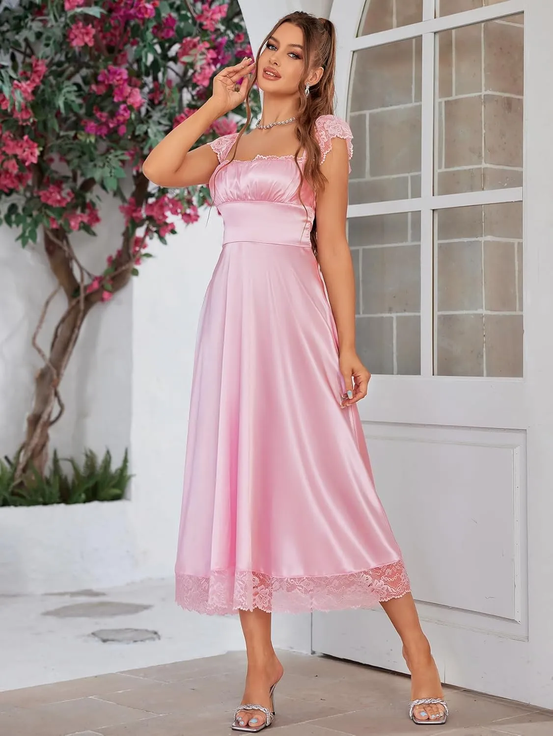 EYNMIN Lace Strap Chiffon Dresses for Women Casaul Flowy A Line Midi Tea Party Dress