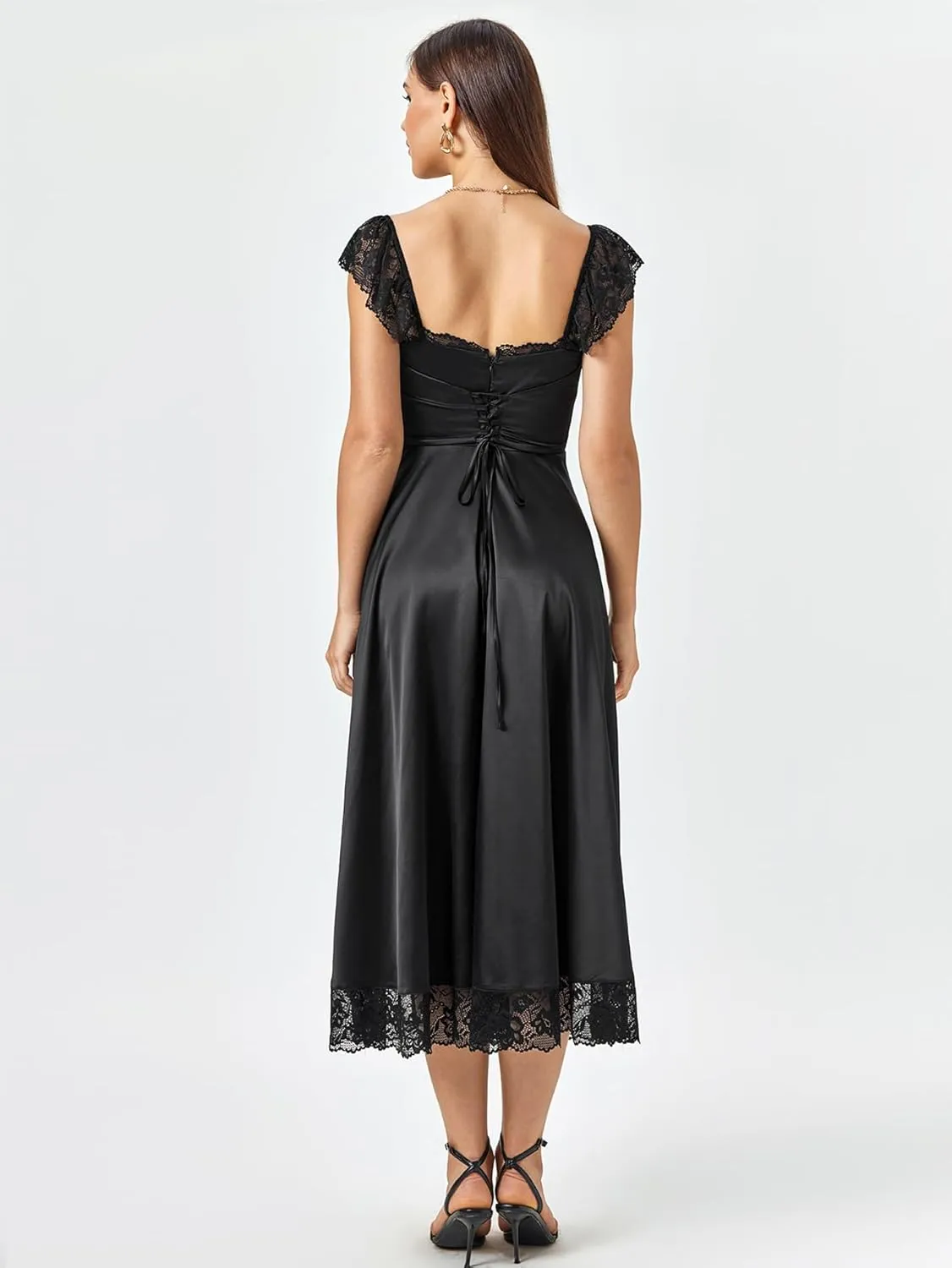 EYNMIN Lace Strap Chiffon Dresses for Women Casaul Flowy A Line Midi Tea Party Dress