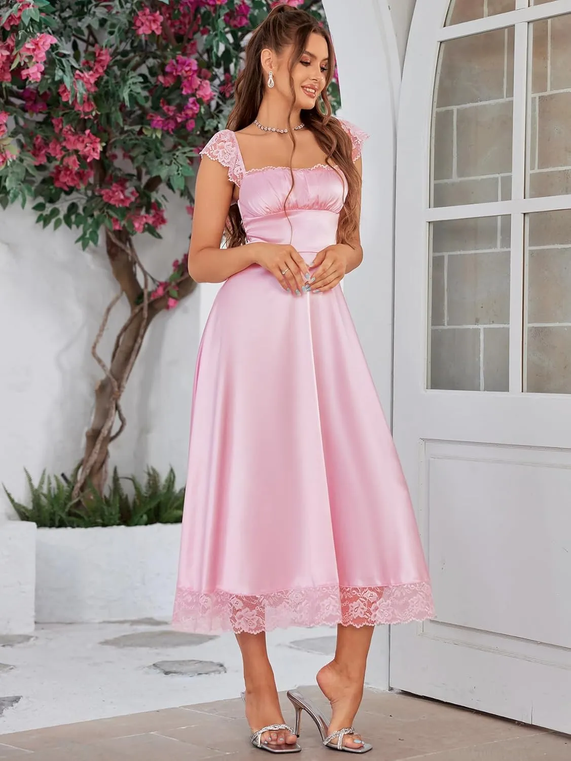 EYNMIN Lace Strap Chiffon Dresses for Women Casaul Flowy A Line Midi Tea Party Dress