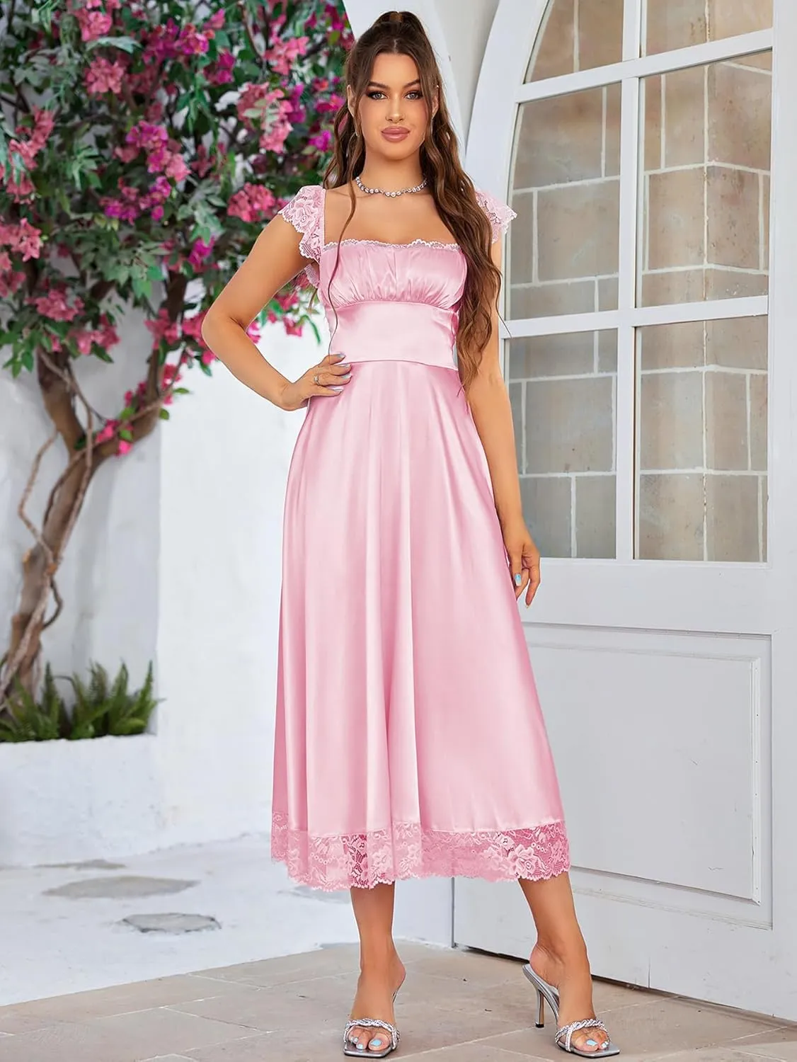 EYNMIN Lace Strap Chiffon Dresses for Women Casaul Flowy A Line Midi Tea Party Dress