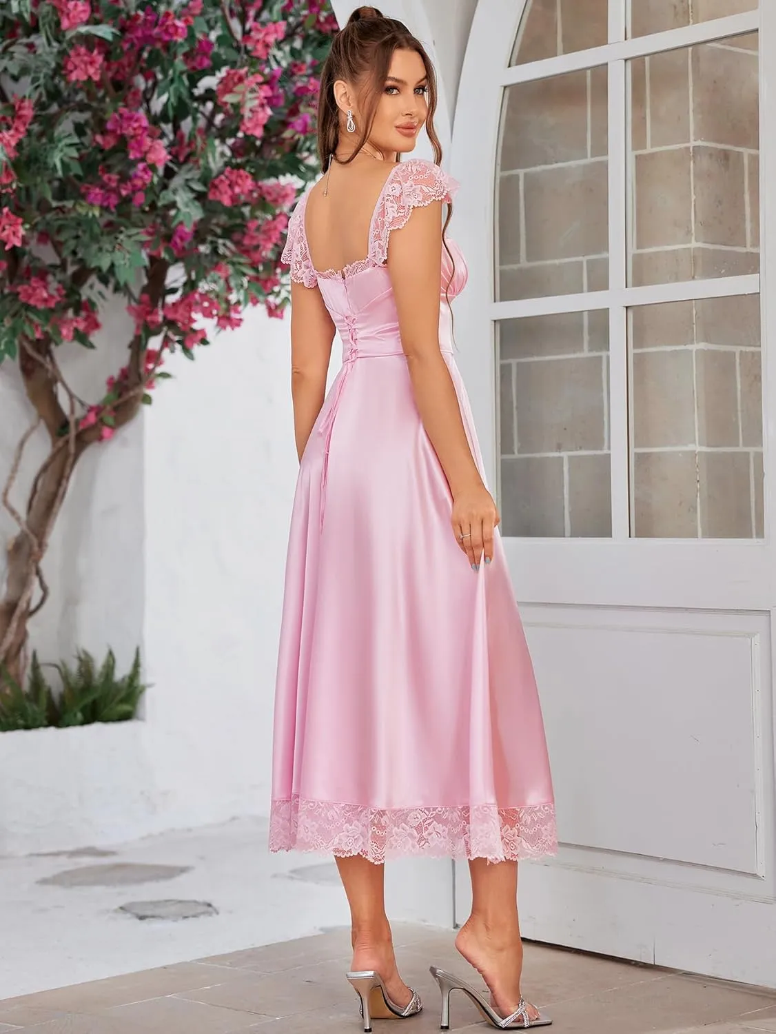 EYNMIN Lace Strap Chiffon Dresses for Women Casaul Flowy A Line Midi Tea Party Dress