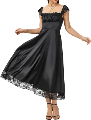 EYNMIN Lace Strap Chiffon Dresses for Women Casaul Flowy A Line Midi Tea Party Dress
