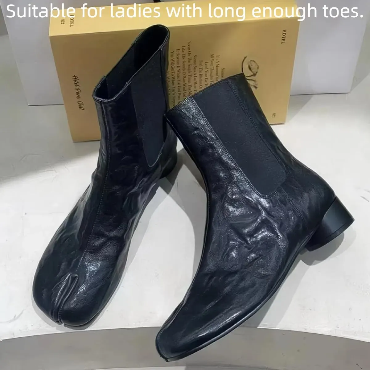 Fashion Retro Closed Split Toe Tabi Shoes Slip on Chelsea Boots for Women Ankle Booties with Elastic Band Genuine Leather Chunky Block Low Heels Cowgirl Casual Street Cool Style