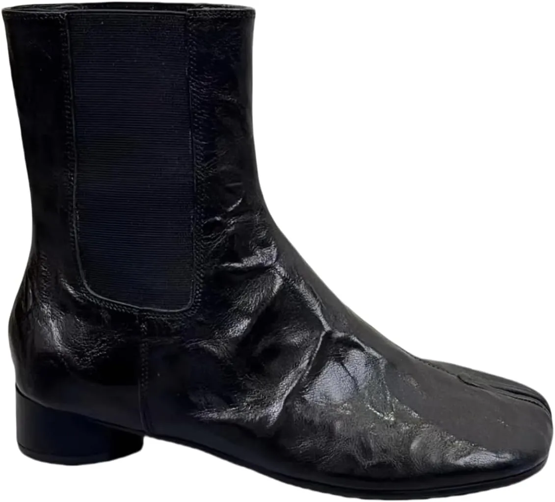Fashion Retro Closed Split Toe Tabi Shoes Slip on Chelsea Boots for Women Ankle Booties with Elastic Band Genuine Leather Chunky Block Low Heels Cowgirl Casual Street Cool Style