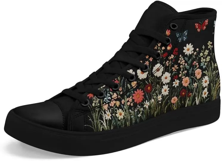 Fashion Women High-Top Canvas Shoes Men's Print Mushroom Floral Plant Lace-up Flat Stylish Gift Sneaker Couple Shoes