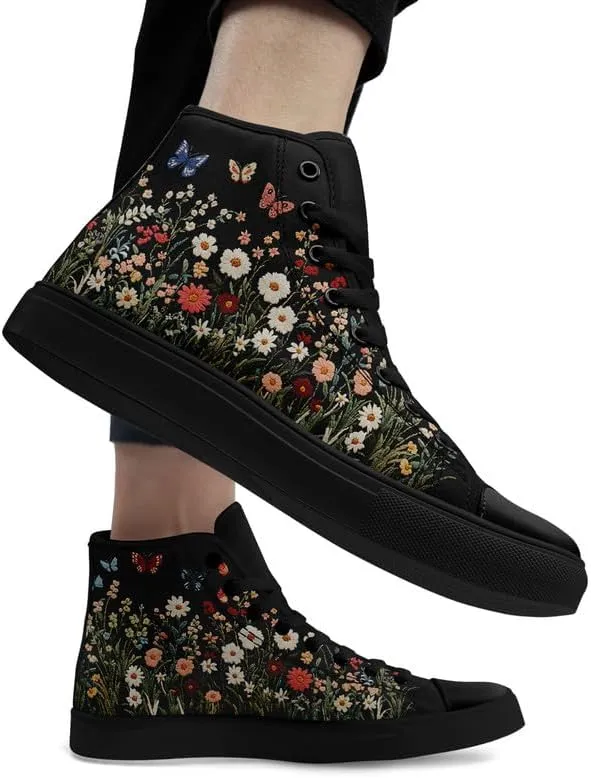 Fashion Women High-Top Canvas Shoes Men's Print Mushroom Floral Plant Lace-up Flat Stylish Gift Sneaker Couple Shoes