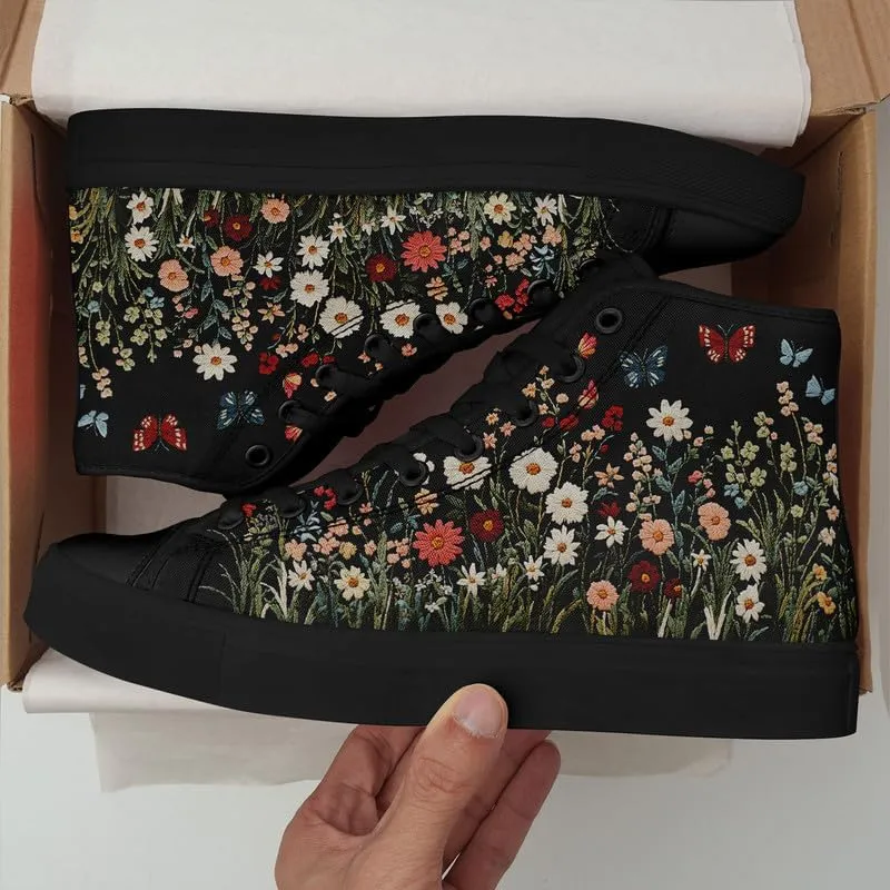 Fashion Women High-Top Canvas Shoes Men's Print Mushroom Floral Plant Lace-up Flat Stylish Gift Sneaker Couple Shoes