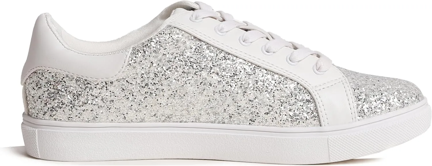 FEVERSOLE Women's Fashion Lace Up Dress Sneakers Sparkly Party Shiny Shoes