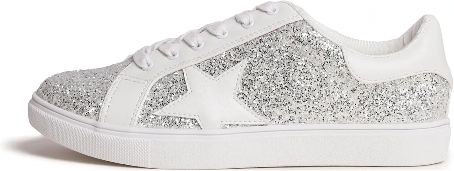 FEVERSOLE Women's Fashion Lace Up Dress Sneakers Sparkly Party Shiny Shoes
