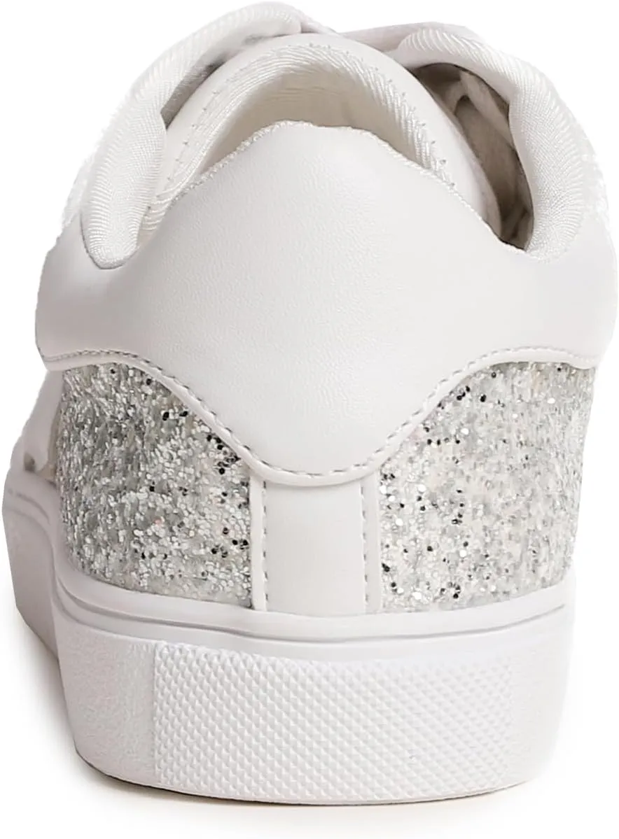 FEVERSOLE Women's Fashion Lace Up Dress Sneakers Sparkly Party Shiny Shoes