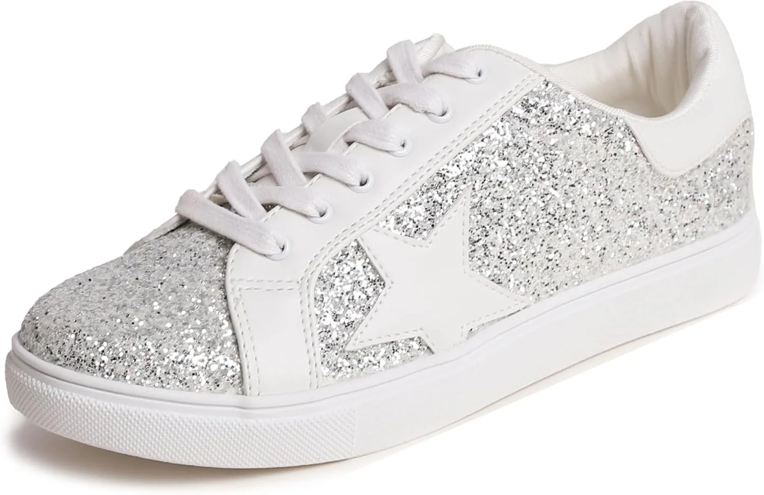 FEVERSOLE Women's Fashion Lace Up Dress Sneakers Sparkly Party Shiny Shoes