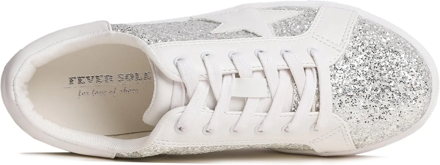 FEVERSOLE Women's Fashion Lace Up Dress Sneakers Sparkly Party Shiny Shoes