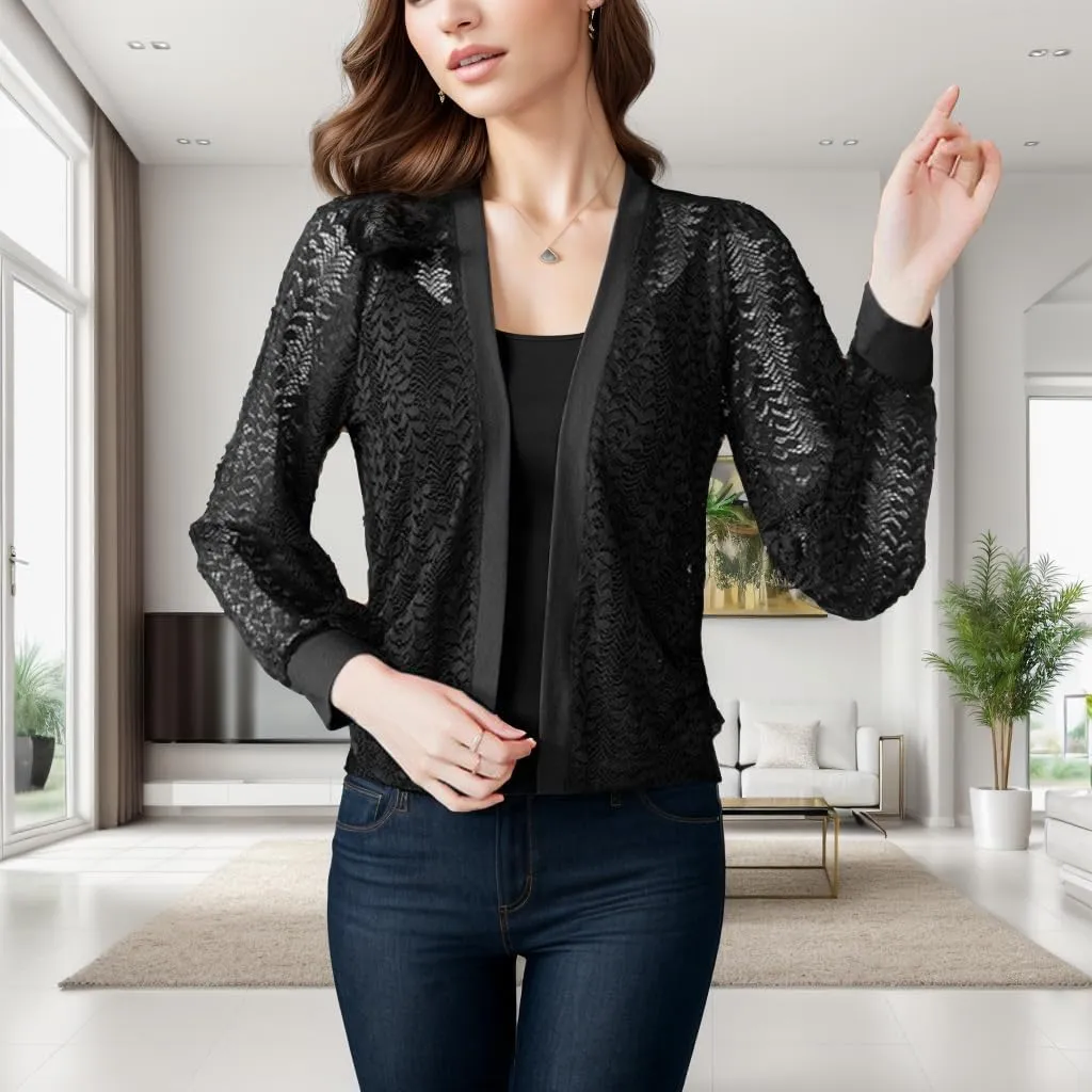 FindThy Women’s Open Front Lace Cardigan Long Sleeve Floral Crochet Summer Shrug Cover Ups