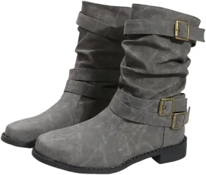 Flat Boots for Women Wide Calf, Fall Booties For Women 2024 Flat Fashion Slip-on Buckle Strap Artificial Leather Square Heels Round Toe Mid Calf Boots Ladies Winter Comfortable Footwear