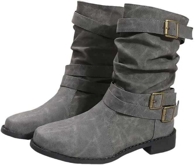 Flat Boots for Women Wide Calf, Fall Booties For Women 2024 Flat Fashion Slip-on Buckle Strap Artificial Leather Square Heels Round Toe Mid Calf Boots Ladies Winter Comfortable Footwear