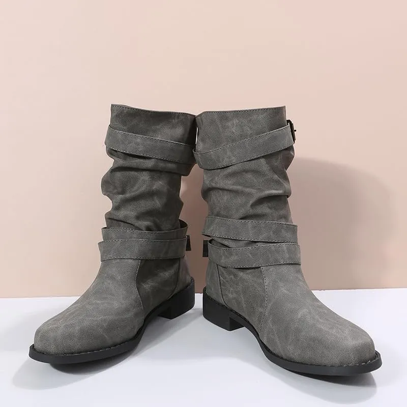 Flat Boots for Women Wide Calf, Fall Booties For Women 2024 Flat Fashion Slip-on Buckle Strap Artificial Leather Square Heels Round Toe Mid Calf Boots Ladies Winter Comfortable Footwear